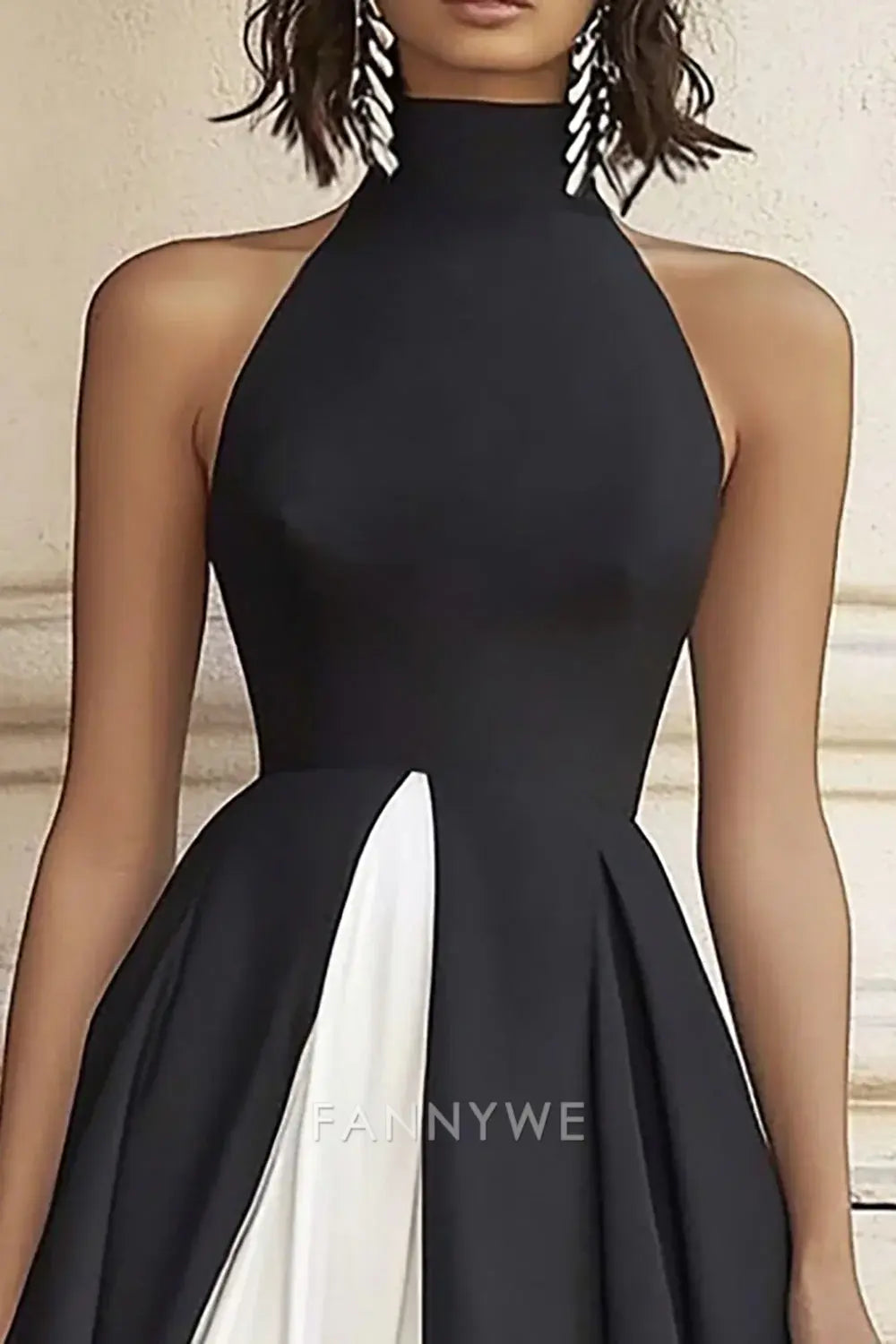 FannyWe Elegant Black White A Line Satin Long High Neck Formal Dress formal wear dresses